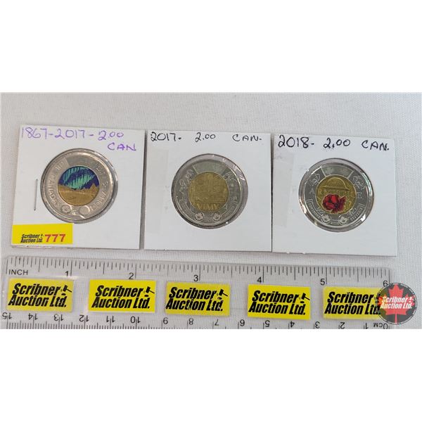Canada Two Dollars "Toonies" (3): 2017 Dance Color; 2017 Vimy Non-Color; 2018 Armistice Color (SEE P