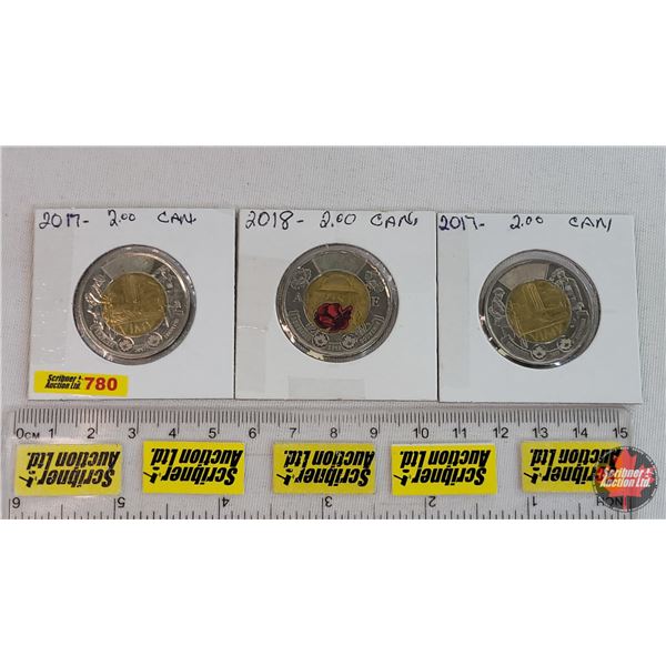 Canada Two Dollars "Toonies" (3): 2017 Vimy Non-Color (2); 2018 Armistice Color (SEE PICS!)