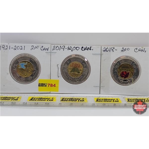 Canada Two Dollars "Toonies" (3): 2018 Armistice Color; 2019 D-Day Color; 2021 Insulin Color (SEE PI
