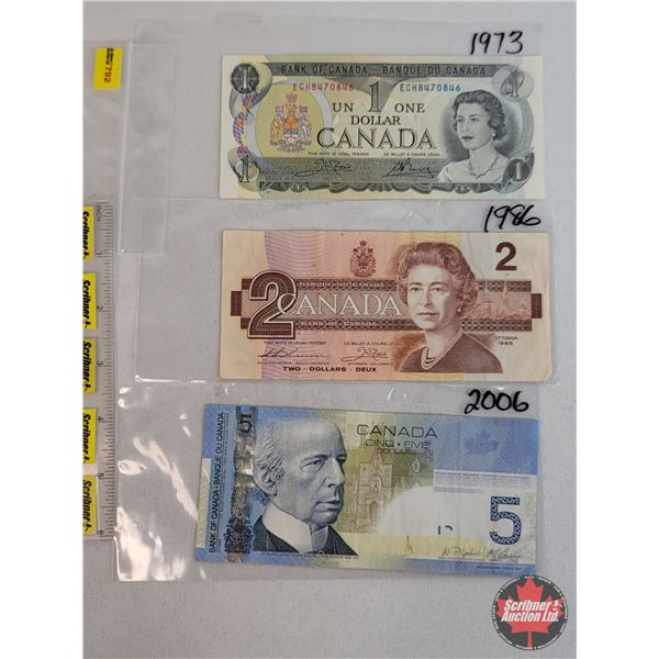 Canada Bills (3):  - $1 Bill : 1973 Crow/Bouey #ECH8470846 - $2 Bill : 1986 Thiessen/Crow #CBE649665