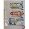 Image 1 : Canada Bills (3):  - $1 Bill : 1973 Crow/Bouey #ECH8470846 - $2 Bill : 1986 Thiessen/Crow #CBE649665