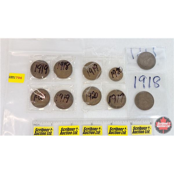 Canada One Cent (9 Large & 1 Small) : 1917; 1918 (3); 1919 (3); 1920 (2); 1920 Small Cent (1) (SEE P