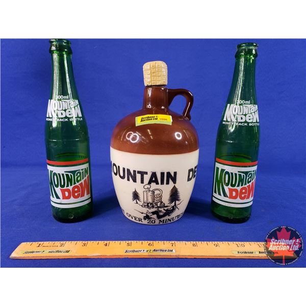Mountain Dew Collector Trio : 2 Bottles & Crock Jug "Not Over 20 Minutes Old" (Tallest Bottle 9-1/2"
