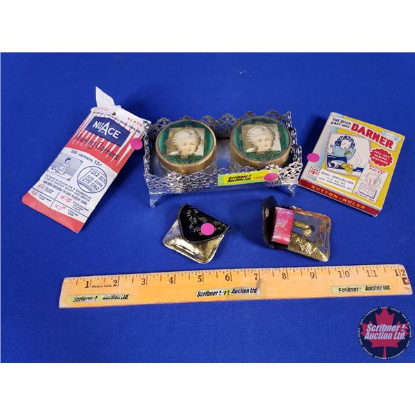 Collector Combo: Darner Button Hole Guage; Vanity Tray & Powder Jars; NuAce Mounting Corners Pkgs; e