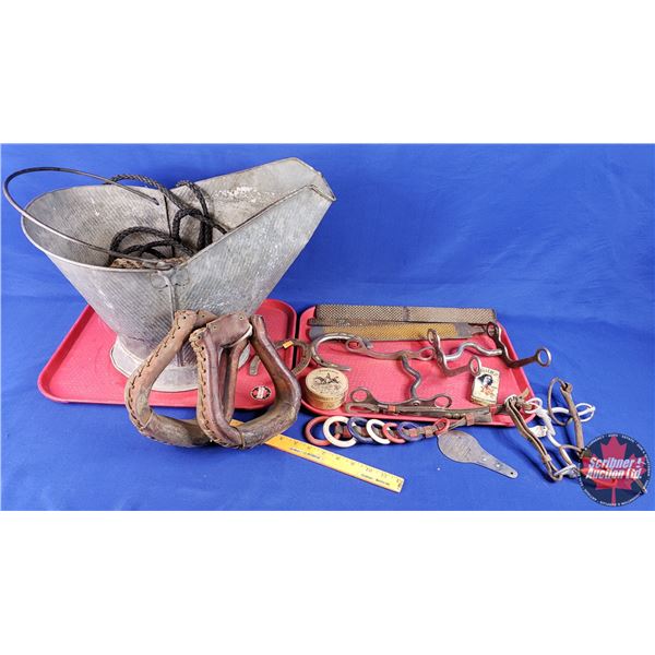 Equestrian / Tack Grouping with Scuttle : Bits, Stirrups, Horse Shoes, Files, etc ! (Scuttle Measure