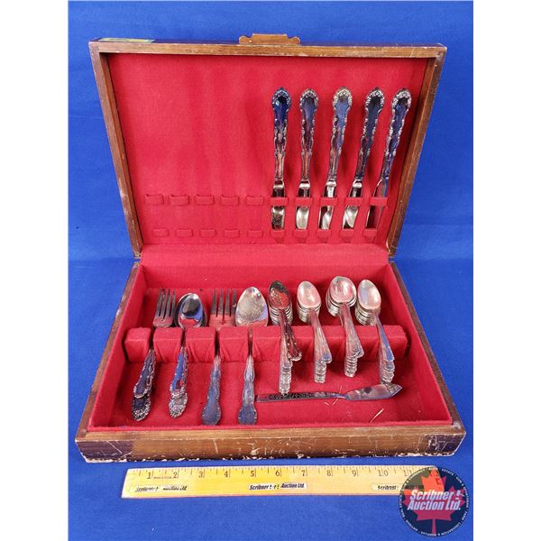 Variety Silverware / Cutlery in Wood Storage Chest (Chest Measures: 3-1/4"H x 14-3/4"W x 10-3/4"D) (