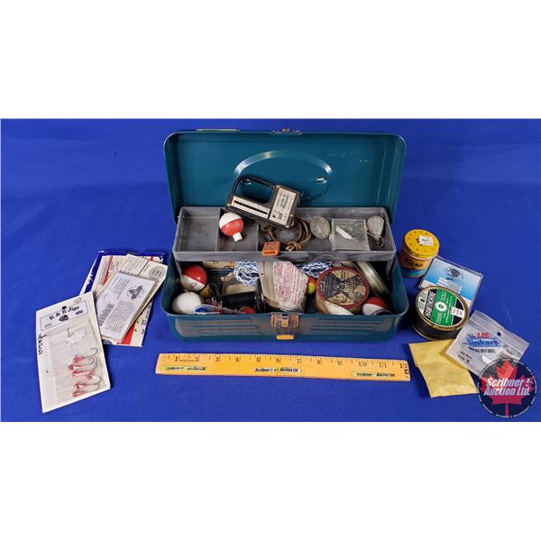 Metal Tackle Box w/Contents (Line; Bobs; Hooks; etc) (Box Measures: 4"H x 11-1/2"W x 5"D) (SEE PICS!