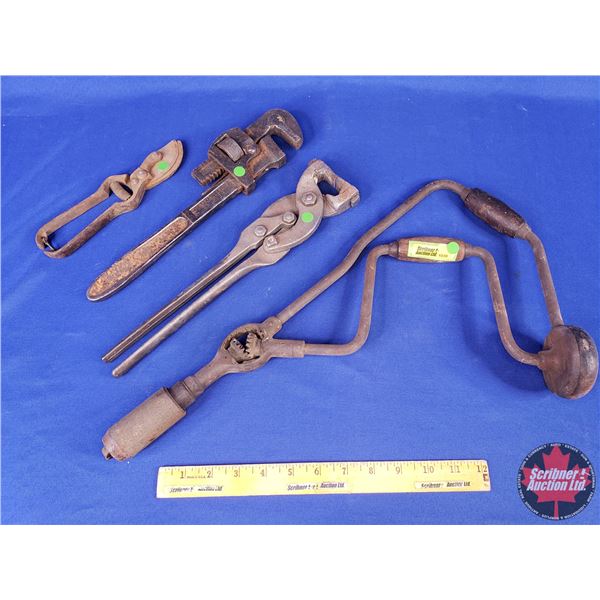 Variety Vintage Hand Tools (4): Pipe Wrench; Hand drill; Hedge Sheers; Hoof Trimmers (Drill 19-3/4 )