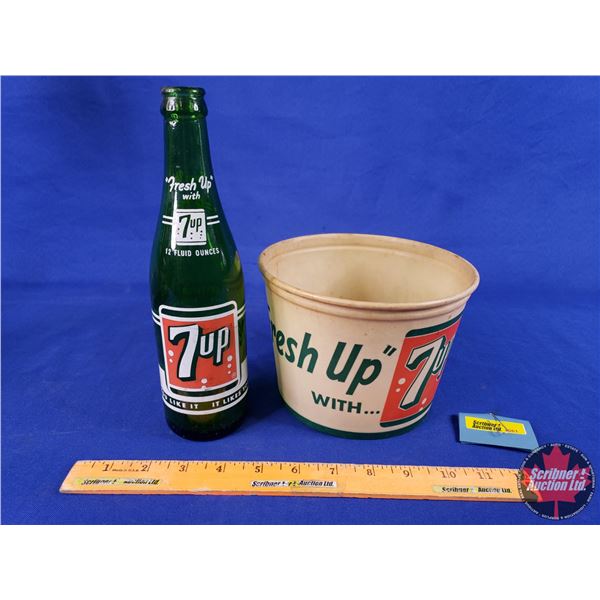 Vintage 7UP Combo: Bottle & Ice Bucket (Bucket Measures: 5"H x 6-1/2"Dia) (SEE PICS!)