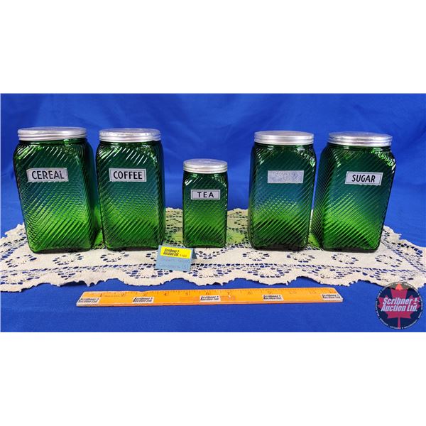 Green Glass Canister Set (5 Pcs) Owens-Illinois Glass Company (CEREAL ; COFFEE ; TEA ; FLOUR ; SUGAR
