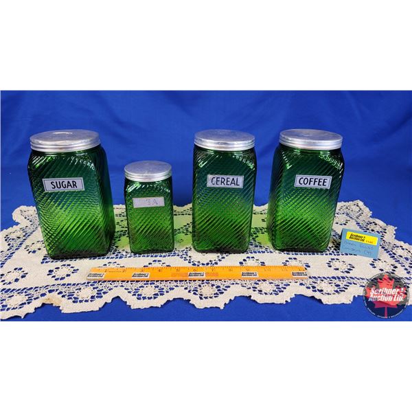 Green Glass Canister Set (4 Pcs) Owens-Illinois Glass Company SUGAR; TEA; CEREAL; COFFEE) (Tallest M