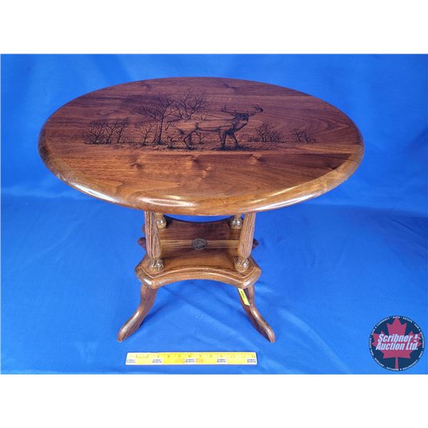 Ducks Unlimited Round Top 2 Tier Side Table (Deer/Trees Motif) (20"H x 22"Dia) (SEE PICS!)