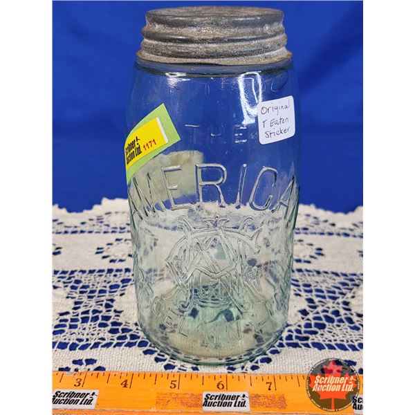 "American Porcelain Lined" Jar with original T. Eaton Label "Paradichlorobenzene 1 LB" (7-1/2"H x 4"