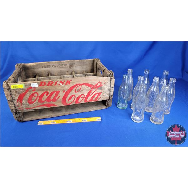 Coca-Cola Wood Bottle Crate w/9 Bottles (Case 1928) (8-1/2"H x 19-1/2"W x 12"D) (SEE PICS!)