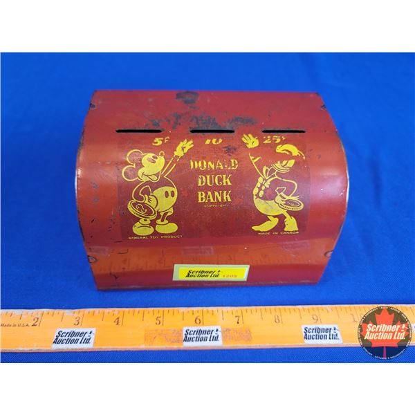 "Donald Duck Metal Bank" 5 Cent / 10 Cent / 25 Cent (Mickey & Donald Duck Front) (4"H x 6"W x 4"D) (
