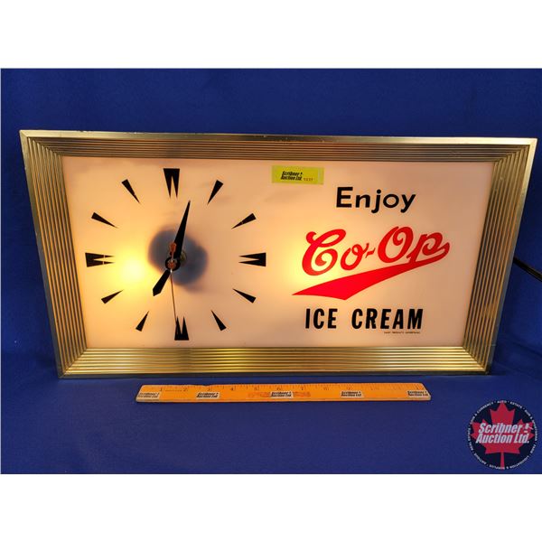 "Enjoy Co-Op Ice Cream" Lighted Advertising Clock (Working) (10-3/4"H x 19-3/4"W) (SEE PICS!)