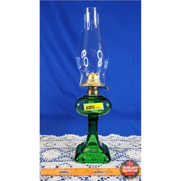 Coal Oil Lamp - Green Glass Base "Banner" (15-1/2"H x 3-3/4"W) (SEE PICS!)