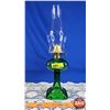 Image 1 : Coal Oil Lamp - Green Glass Base "Banner" (15-1/2"H x 3-3/4"W) (SEE PICS!)
