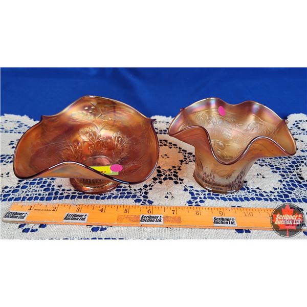 Décor Ruffle Edge Candy Bowls (2) Carnival Glass - Iridized (Largest 6-3/4") (SEE PICS!)