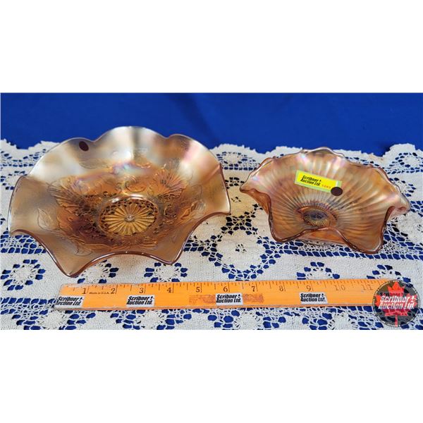 Décor Ruffle Edge Candy Bowls (2) Carnival Glass - Iridized (Largest 9") (SEE PICS!)