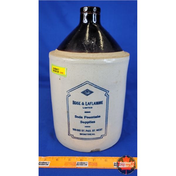 Stoneware Crock Jug "ROSE & LAFLAMME Soda Fountain Supplies" (12-1/2"H x 7"Dia) (SEE PICS!)