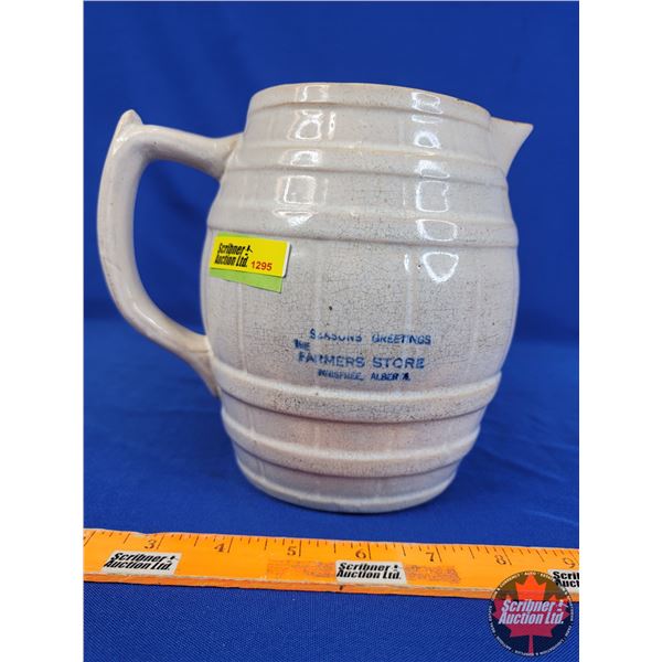 Advertising Pitcher "Seasons Greetings The Farmers Store Innisfree Alberta" (7"H x 4-1/4"Dia) (SEE P