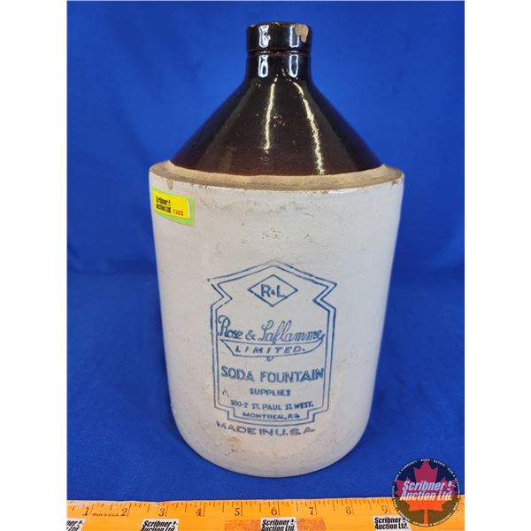 Stoneware Crock Jug "ROSE & LAFLAMME Soda Fountain Supplies" (13"H x 7"Dia) (SEE PICS!)