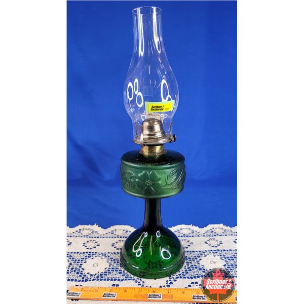 Coal Oil Lamp - Green Glass Base "Rosa" Pattern (White Flame Burner) (19"H Total) (SEE PICS!)