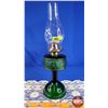 Image 1 : Coal Oil Lamp - Green Glass Base "Rosa" Pattern (White Flame Burner) (19"H Total) (SEE PICS!)
