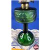 Image 2 : Coal Oil Lamp - Green Glass Base "Rosa" Pattern (White Flame Burner) (19"H Total) (SEE PICS!)