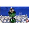 Image 9 : Coal Oil Lamp - Green Glass Base "Rosa" Pattern (White Flame Burner) (19"H Total) (SEE PICS!)