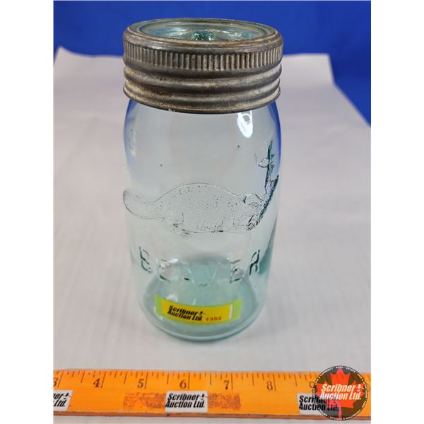 Mason Jar "BEAVER" Quart (Bottom Stamp 3) (7-1/2"H) (Blue Tinge) (SEE PICS!)