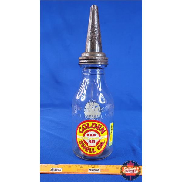 Vintage Style Service Station 1 Quart Oil Bottle "GOLDEN SHELL OIL" Decal w/Spout (14"H Total) (SEE 
