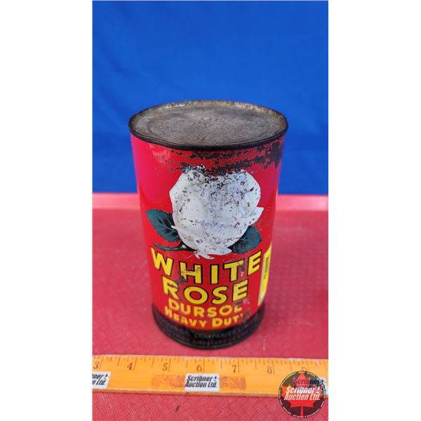 OIL TIN: WHITE ROSE DURSOL HEAVY DUTY MOTOR OIL (FULL) (6-1/2"H x 4"Dia) (SEE PICS!)