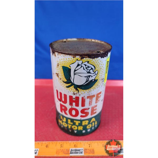 OIL TIN: WHITE ROSE ULTRA MOTOR OIL (6-1/2"H x 4"Dia) (SEE PICS!)