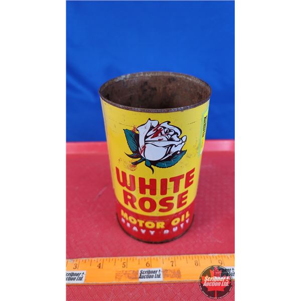 OIL TIN: WHITE ROSE MOTOR OIL Heavy Duty (6-1/2"H x 4"Dia) (SEE PICS!)