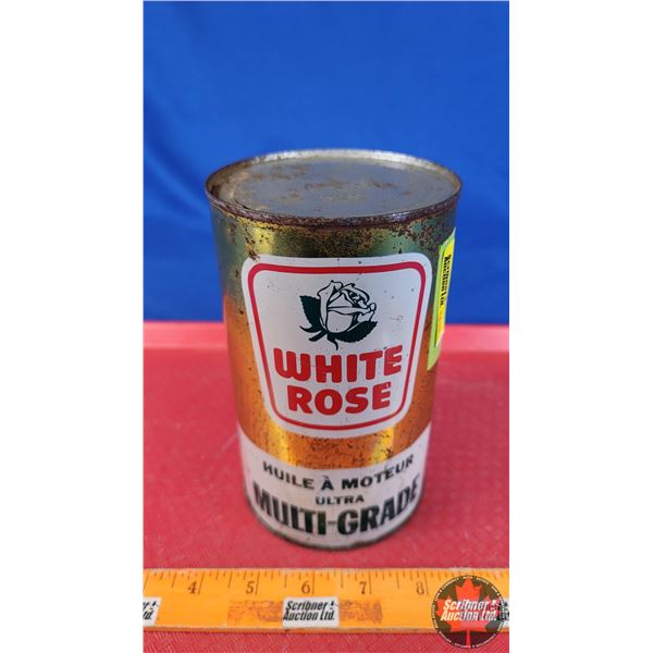 OIL TIN: WHITE ROSE ULTRA MULTI-GRADE MOTOR OIL (6-1/2"H x 4"Dia) (SEE PICS!)