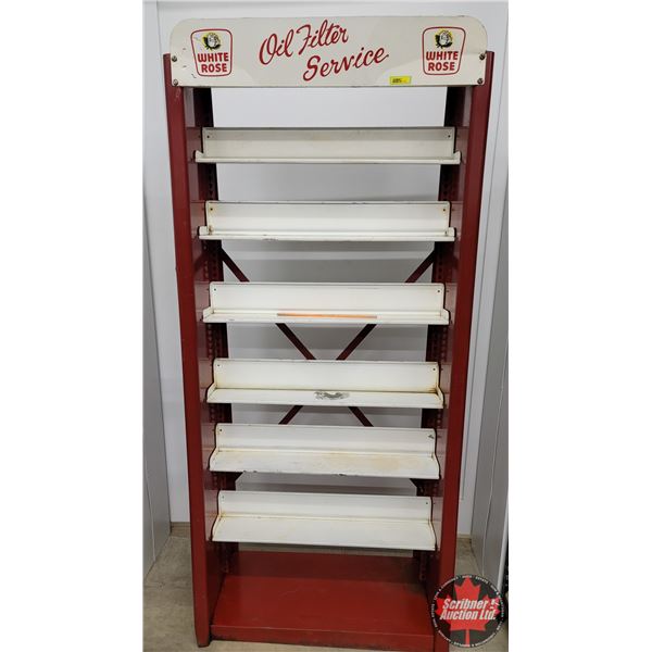 Service Station 'WHITE ROSE" Oil Tin Display Rack "Oil Filter Service" (72-1/2"H x 33-1/2"W x 14-1/2