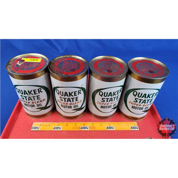 OIL TINS (4): QUAKER STATE Super Blend Motor Oil (6-1/2"H x 4"Dia) (SEE PICS!)