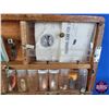Image 3 : Vintage Wooden Tackle Box with Contents (Tackle : Spoons, Jigs, Hooks, etc) (Box Measures: 9"H x 18"