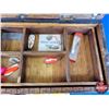Image 4 : Vintage Wooden Tackle Box with Contents (Tackle : Spoons, Jigs, Hooks, etc) (Box Measures: 9"H x 18"