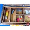 Image 5 : Vintage Wooden Tackle Box with Contents (Tackle : Spoons, Jigs, Hooks, etc) (Box Measures: 9"H x 18"