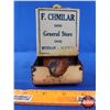 Image 2 : Matchbox Holder "F. CHMILAR General Store" (5-1/2"H x 3"W x 3"D) (SEE PICS!)