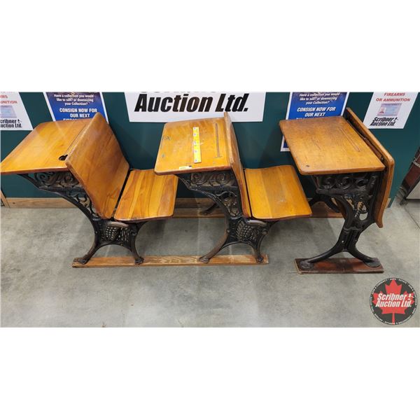Antique Cast Frame Schoolhouse Desks (3) (Stamped "MINNEAPOLIS, CAST CO") (26"H) (SEE PICS!)