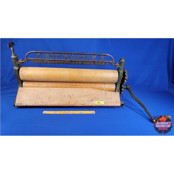 "HOUSEHOLD AM. WRINGER CO. NEW YORK U.S.A." Cast Frame & Wood Roller Wringer (30"W without Handle) (