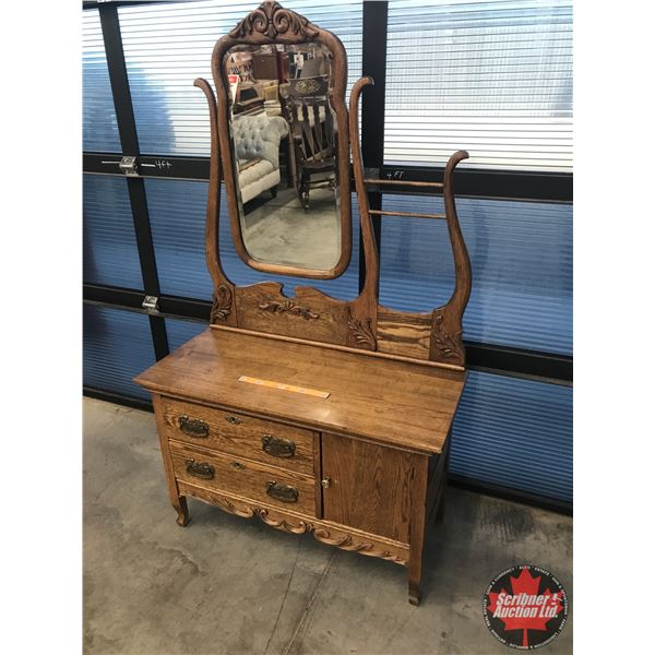 Oak Washstand/Commode Combo with Rare Double Towel Rack Harp Back (69"H x 40"W x 18"D) (SEE PICS!)
