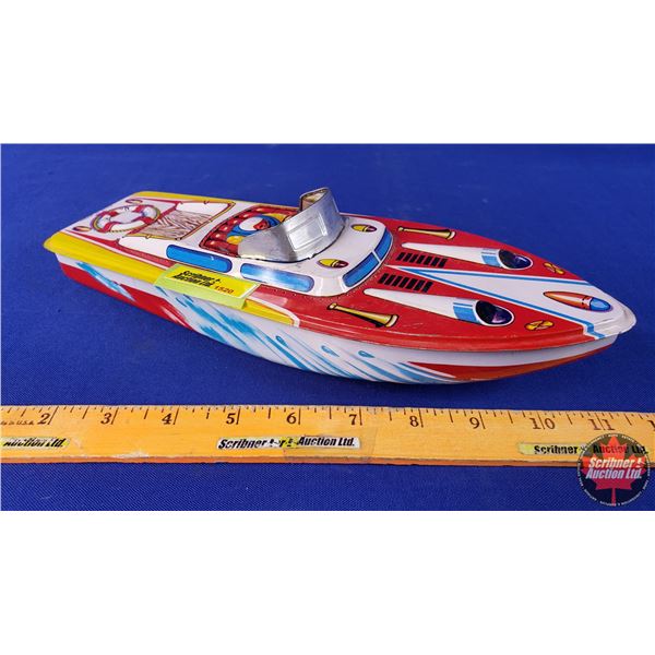 Tin Toy Race Boat (Japan) (2-1/2"H x 12"W x 4-1/2"D) (SEE PICS!)