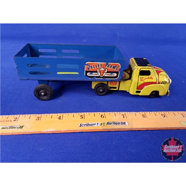 Wyandotte Tin Toy Truck & Trailer "VALLEY FARMS" (2-1/2"H x 2-1/4"W x 8-1/2"D) (SEE PICS!)