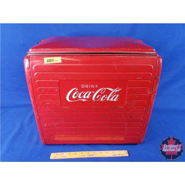 "Drink Coca-Cola" Picnic Cooler 1962 complete with Sandwich Tray (16-1/2"H x 17-1/2"W x 13"D) (SEE P