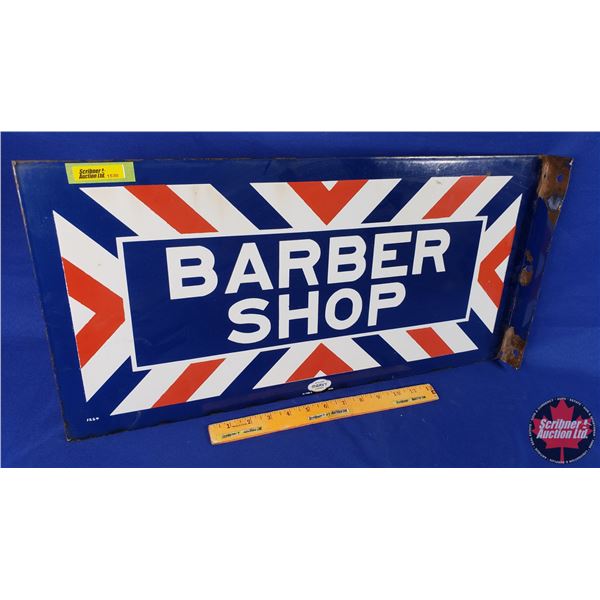 Double Side Enamel Flange Sign "BARBER SHOP" (William MARVY Company) (St. Paul, Minn.) (12"H x 24"W 